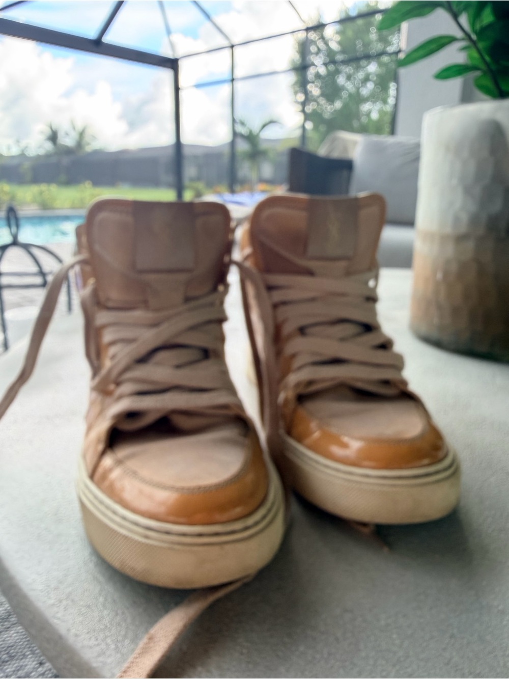 Yves Saint Laurent Tan and Cream High-Top Leather Sneakers